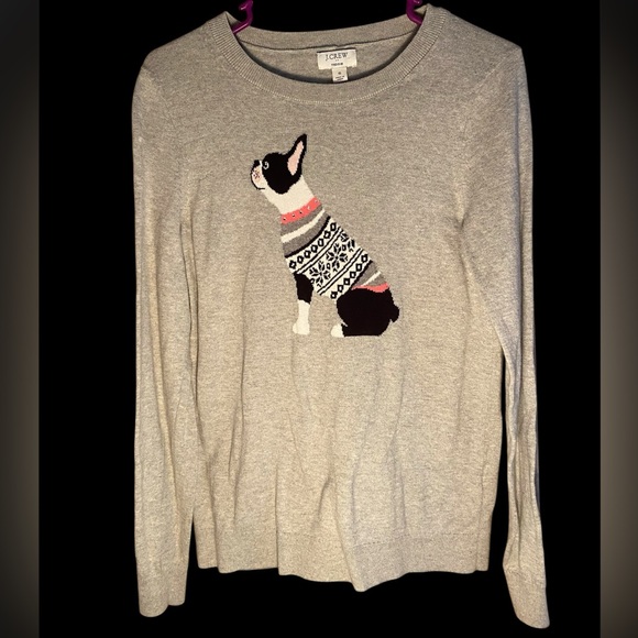 J. Crew Teddie Grey Knit French Bulldog Holiday Sweater Small Cotton Christmas - Picture 1 of 4